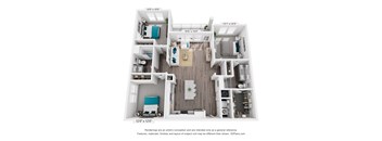 A 3D floor plan of a two-bedroom apartment. Hawthorne at New Bern NC