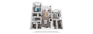 A 3D floor plan of a small apartment with a kitchen, living room, and bedroom. Hawthorne at New Bern NC