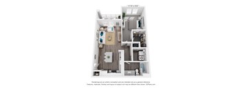 A 3D floor plan of a small apartment with a kitchen, living room, and bathroom. Hawthorne at New Bern NC
