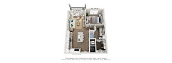 A 3D floor plan of a small apartment with a kitchen, living room, and bathroom.