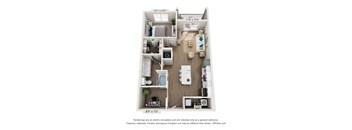 A 3D floor plan of a small apartment with a kitchen, living room, and bathroom.