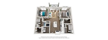 A 3D floor plan of a small apartment with a kitchen, living room, and two bedrooms.