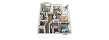 A 3D floor plan of a house with a living room, kitchen, and two bedrooms.