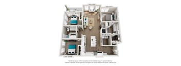 A 3D floor plan of a small apartment with a kitchen, living room, and two bedrooms.