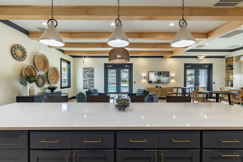 Amenities the kitchen and living room of a home with a large counter top