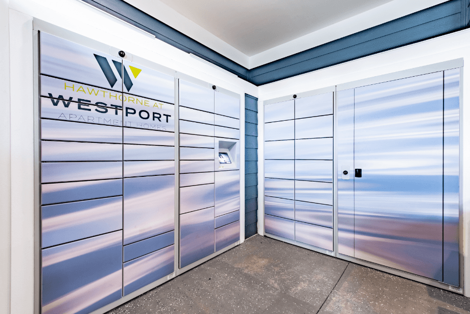 a row of lockers in a hallway with a westport logo on the door