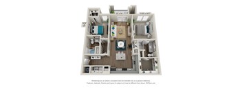 a 3d furnished floor plan of a 1 bedroom apartment