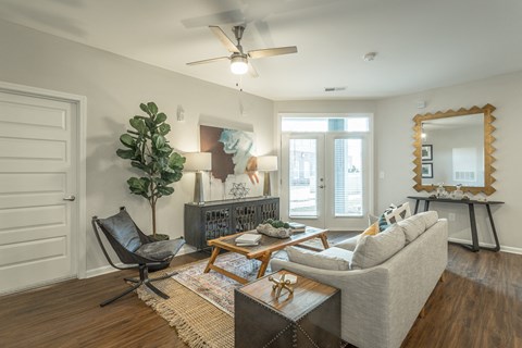 a living room with a couch and a coffee table