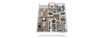 A 3D floor plan of a small apartment with a kitchen, living room, and bedrooms.