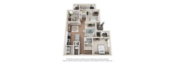 A 3D floor plan of a house with multiple rooms and furniture.