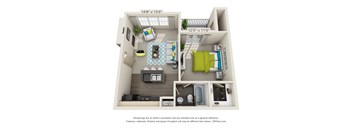 A 3D floor plan of a small apartment with a living room, kitchen, and bedroom.