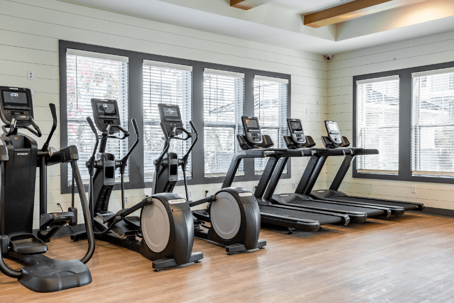 the gym is equipped with cardio equipment and weights