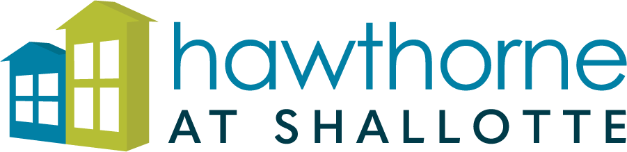 A logo with a building and the words "hawthorne at shallotte" in blue.