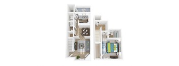 a stylized floor plan with a bedroom and a bathroom