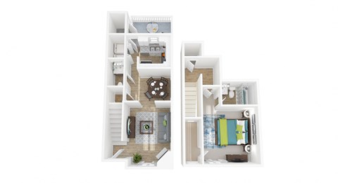 a stylized floor plan with a bedroom and a bathroom
