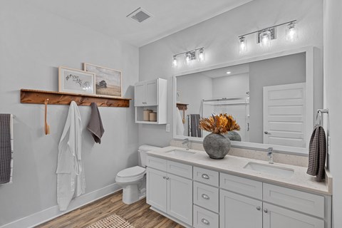 A bathroom with a white double sink, mirror on the wall and a toilet.