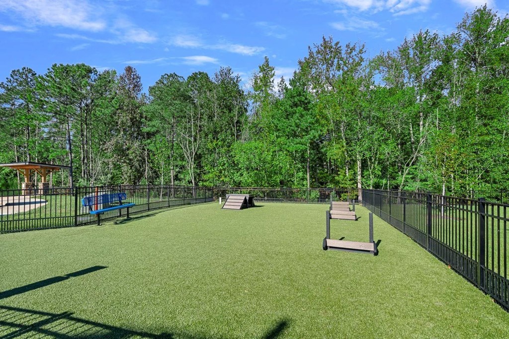 A dog park with a green yard and black fence surrounding.