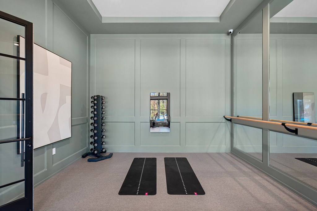 A yoga studio with two yoga mats on the floor.