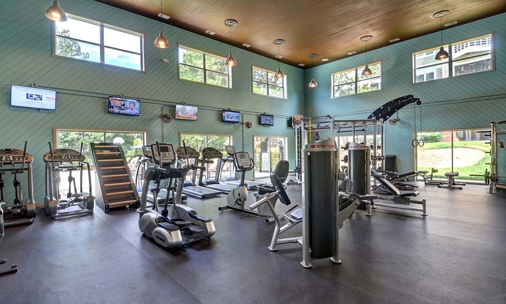 the gym is equipped with a variety of weights and cardio equipment