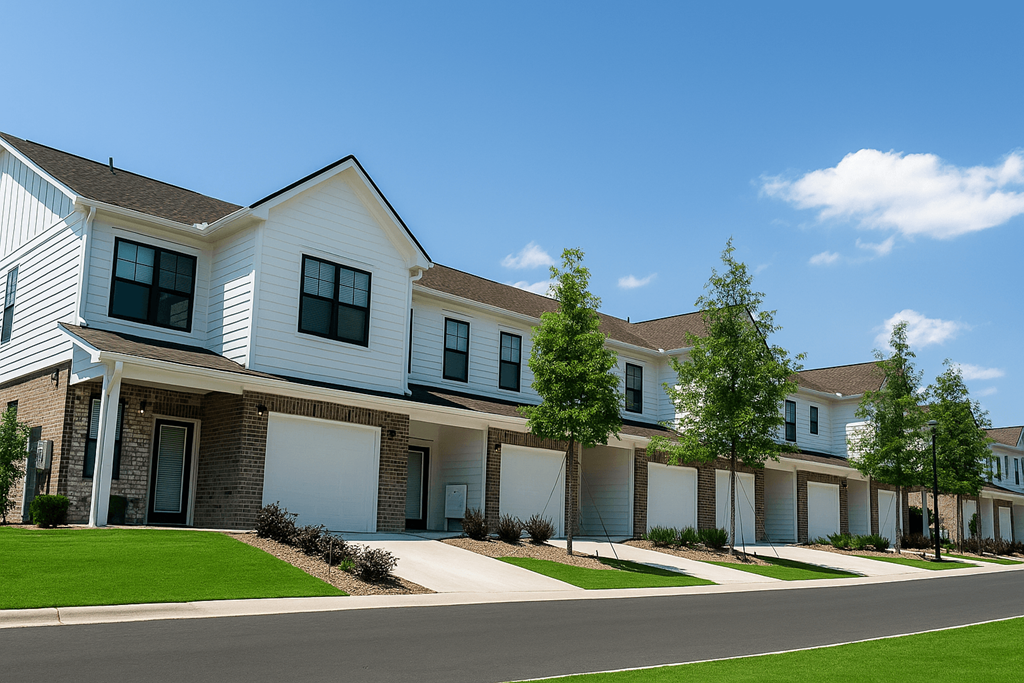 A row of houses with garages and trees in front.