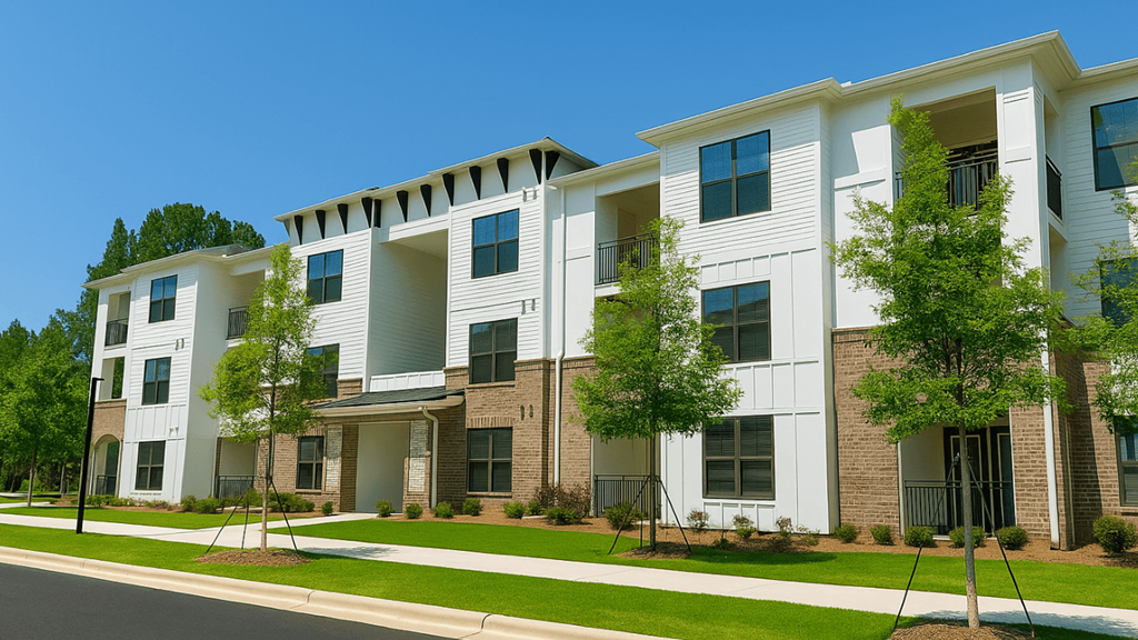 Apartment building with white walls and balconies.