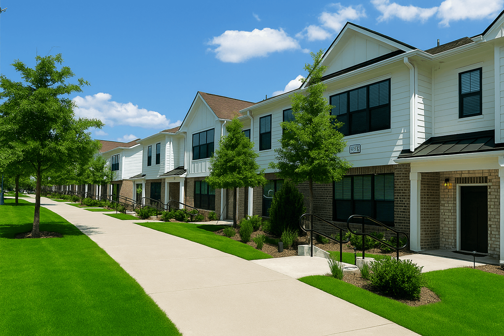 A row of houses with green lawns and trees.
