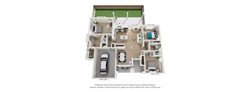 A 3D floor plan of a house with a garage and a green space.