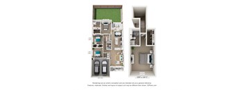 A floor plan of a 199 square foot studio apartment with a kitchenette and a living area.