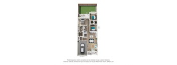 A 3D floor plan of a house with a garage and a car.