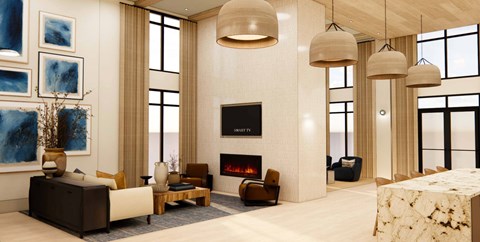A living room with a fireplace and a large painting on the wall.