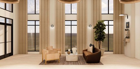 A living room with a large window and a view of the city.