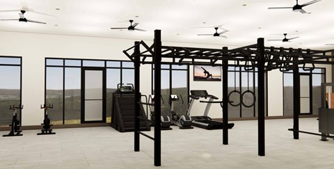A gym with a variety of equipment including treadmills, weights, and a pull up bar.