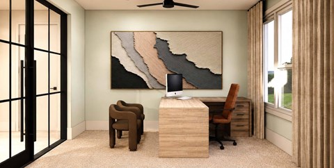 A room with a desk, chair, and a painting on the wall.