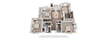A 3D floor plan of a small apartment with a kitchen, living room, and bathroom.