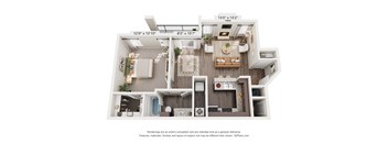 A 3D floor plan of a house with a living room, kitchen, and bathroom.