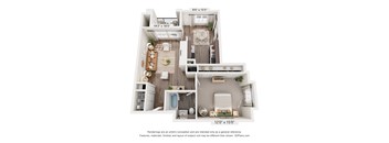 A 3D floor plan of a small apartment with a kitchen, living room, and bathroom.