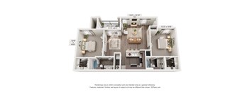 A 3D floor plan of a house with three bedrooms, a living room, and a kitchen.