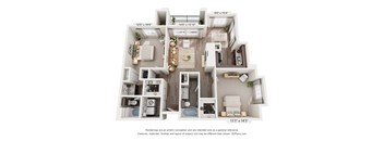 A 3D floor plan of a house with a living room, kitchen, and two bedrooms.