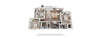 A 3D floor plan of a house with a living room, kitchen, and two bedrooms.