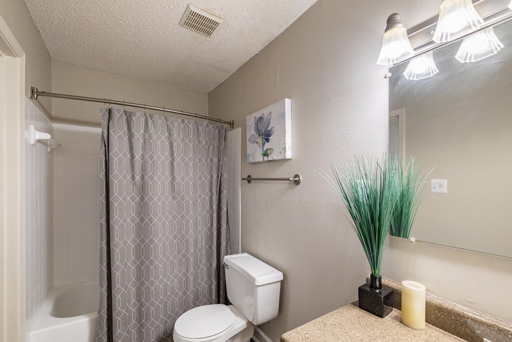 A bathroom with a toilet, a shower curtain, a mirror, and a vase with a plant.