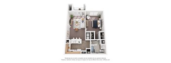 A 3D floor plan of a house with a kitchen, living room, dining room, and bathroom.