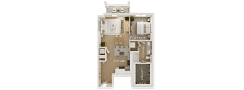 A 12'9" x 11'5" floor plan of a room with a kitchen, living room, and bathroom.