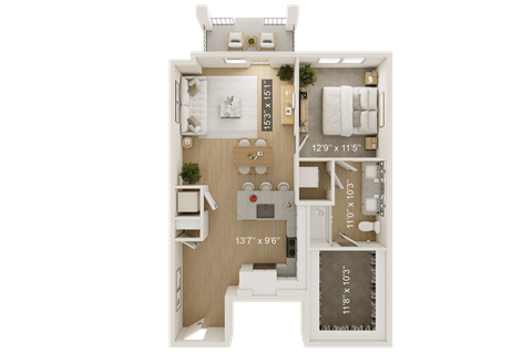 A 12'9" x 11'5" floor plan of a room with a kitchen, living room, and bathroom.