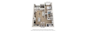 A 3D floor plan of a small apartment with a kitchen, living room, and bedroom.