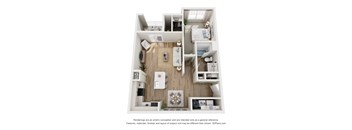 A 3D floor plan of a small apartment with a kitchen, living room, and bedroom.