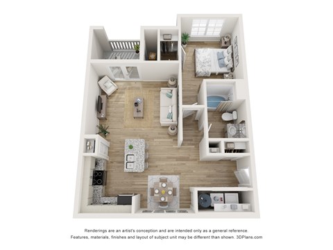 A 3D floor plan of a small apartment with a kitchen, living room, and bedroom.