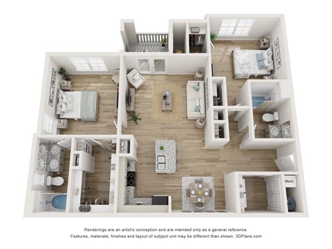 A 3D floor plan of a house with multiple rooms and furniture.