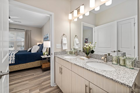 Bathroom with a Vanity, Mirror and Two Sinks.