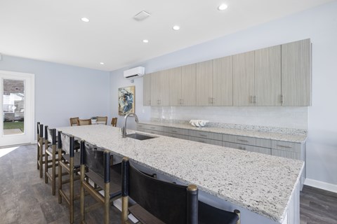 Long Eating Area with Marble Countertop and Wooden Bar Stools.