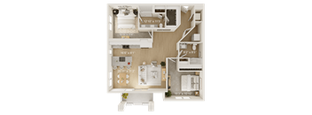 A floor plan of a small apartment with a kitchen, living room, and two bedrooms.
